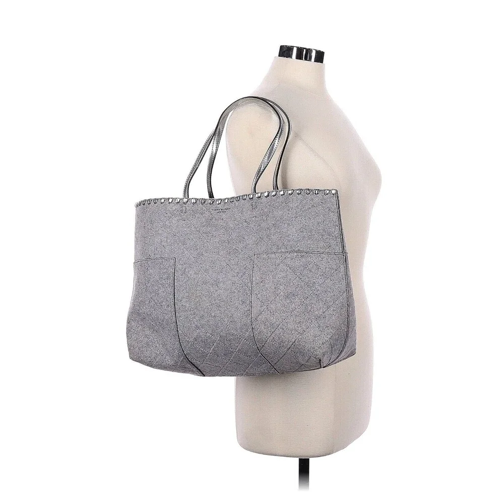 TORY BURCH Block T Light Gray Silver Felt Fabric Large Tote Bag